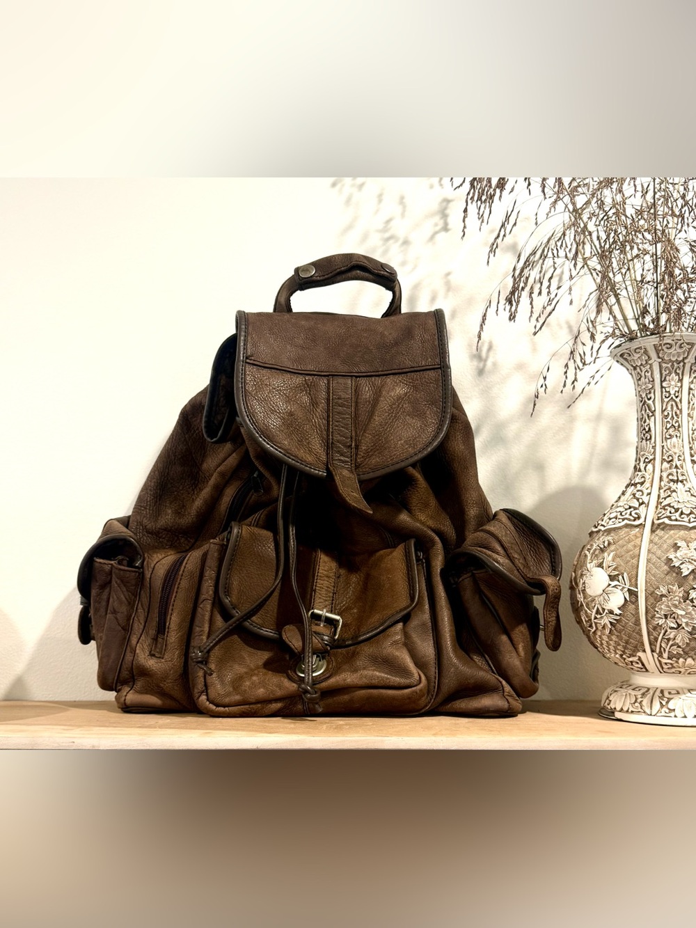 Men's Brown Leather Backpack with Front and Side Pockets